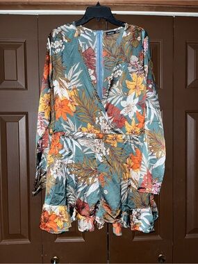 Boohoo Teal Tropical Leaf Print Romper